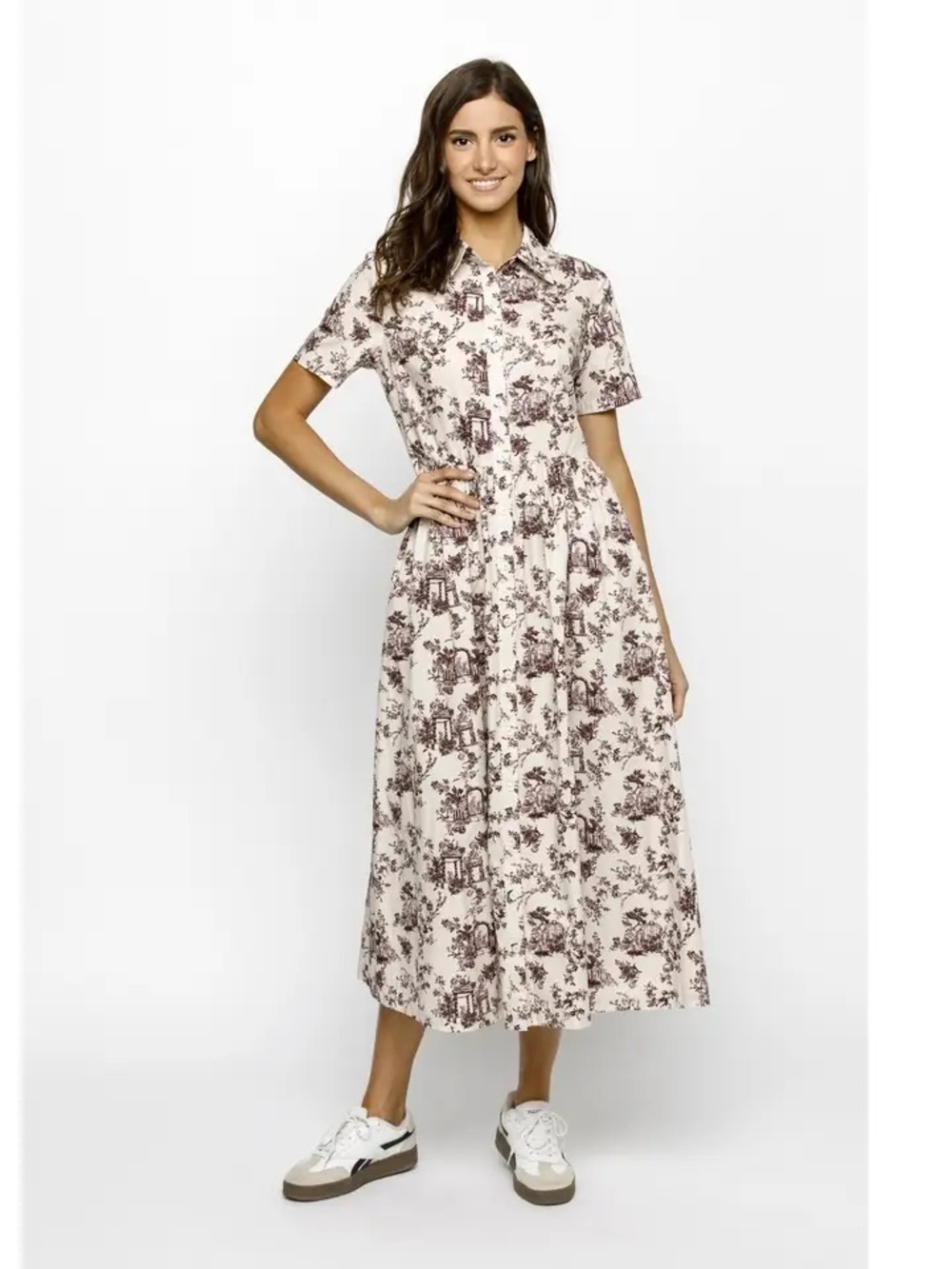 Storia Floral Button-Front Midi Dress in Cream and Brown